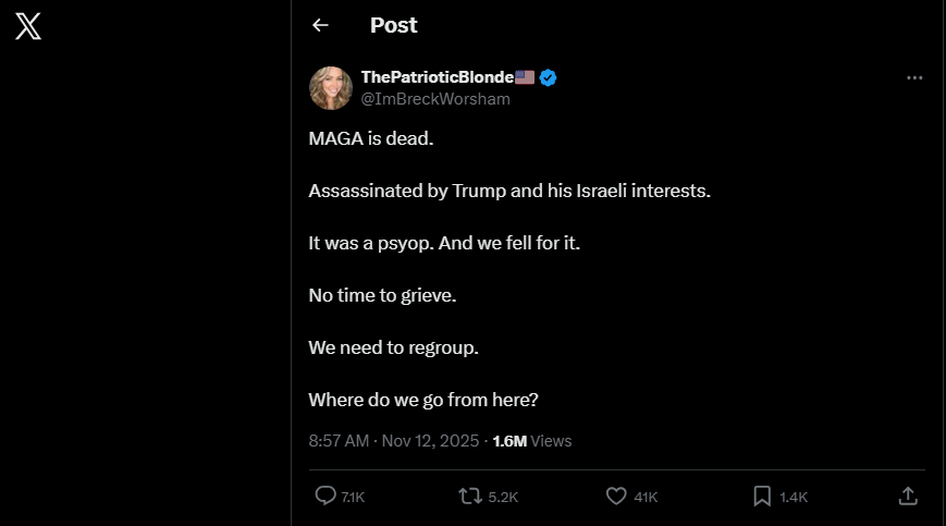 A post from the account "Thepatrioticblonde" that reads in part "MAGA is dead"