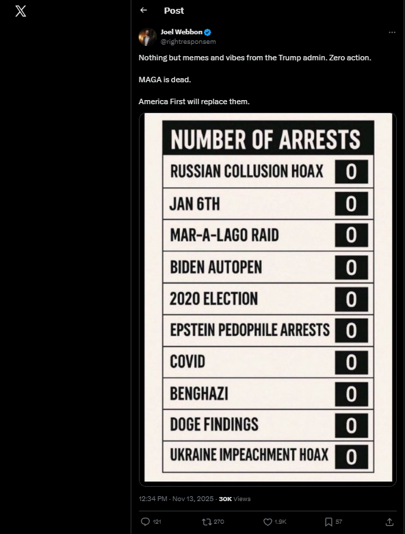 A post from Joel Webbon on X that in part reads "MAGA is dead."