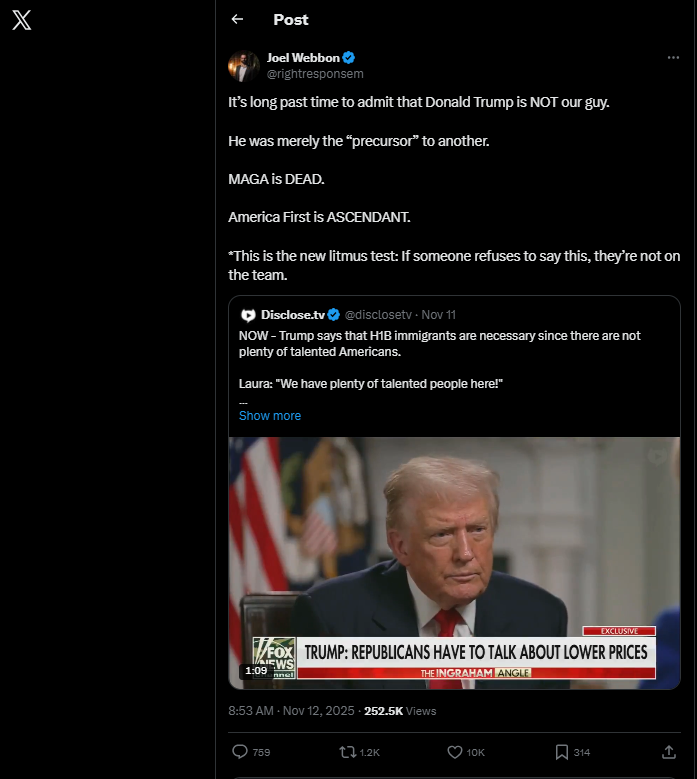 A screenshot of a post from X by Joel Webbon that in part reads "MAGA is DEAD."