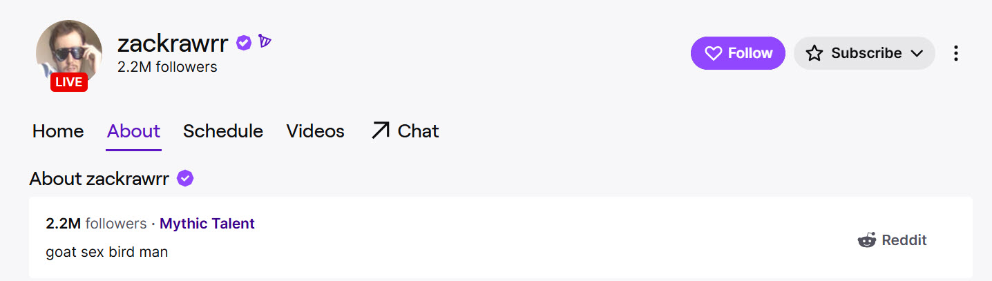 Zackrawrr Twitch profile page