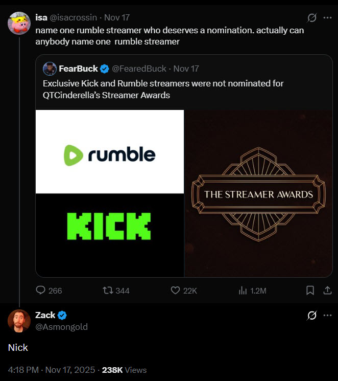 Asmongold nominating Nick Fuentes for a streamer award