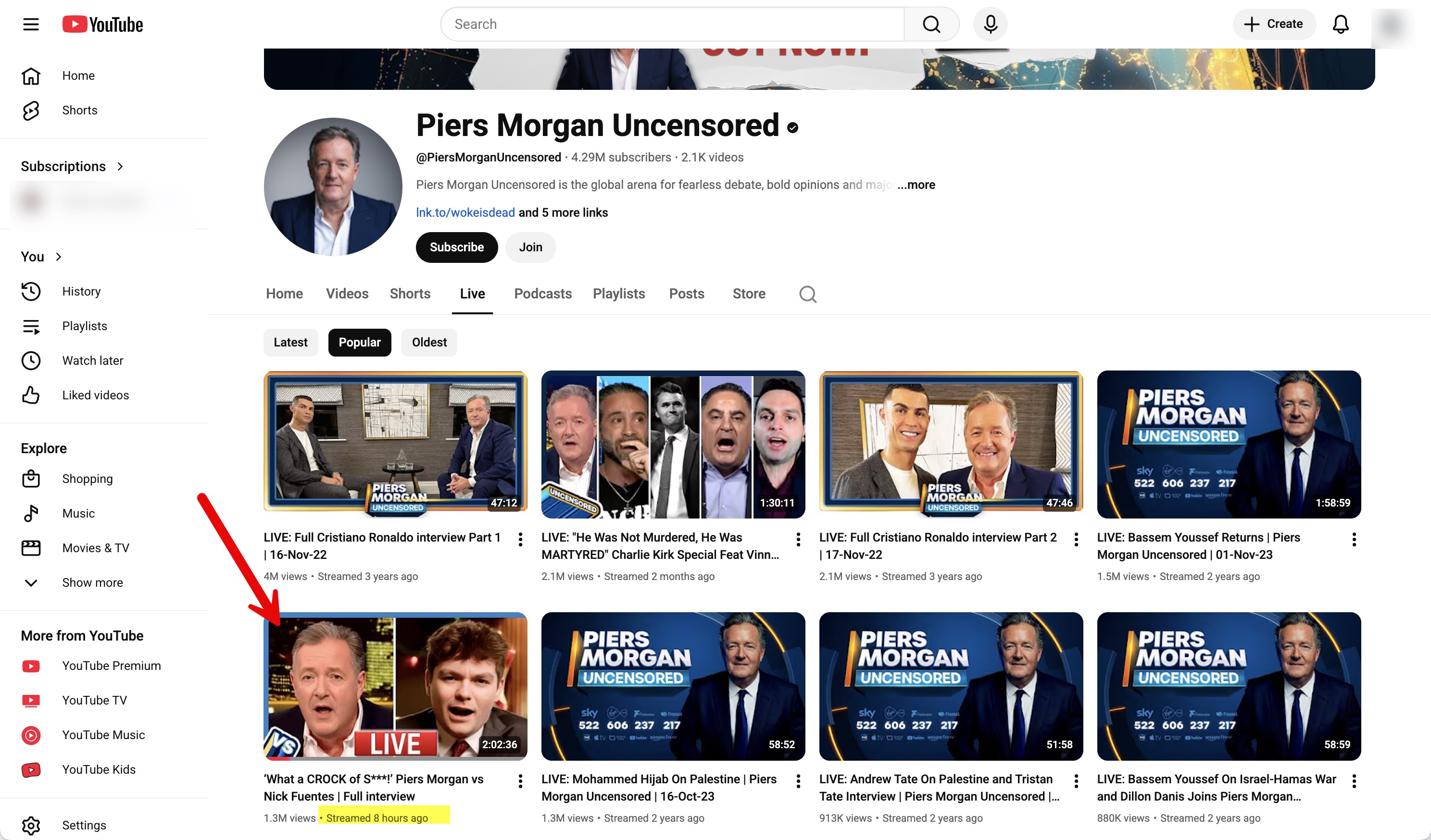 Piers Morgan most viewed live YouTube videos, showing his interview with Nick Fuentes among the top 5