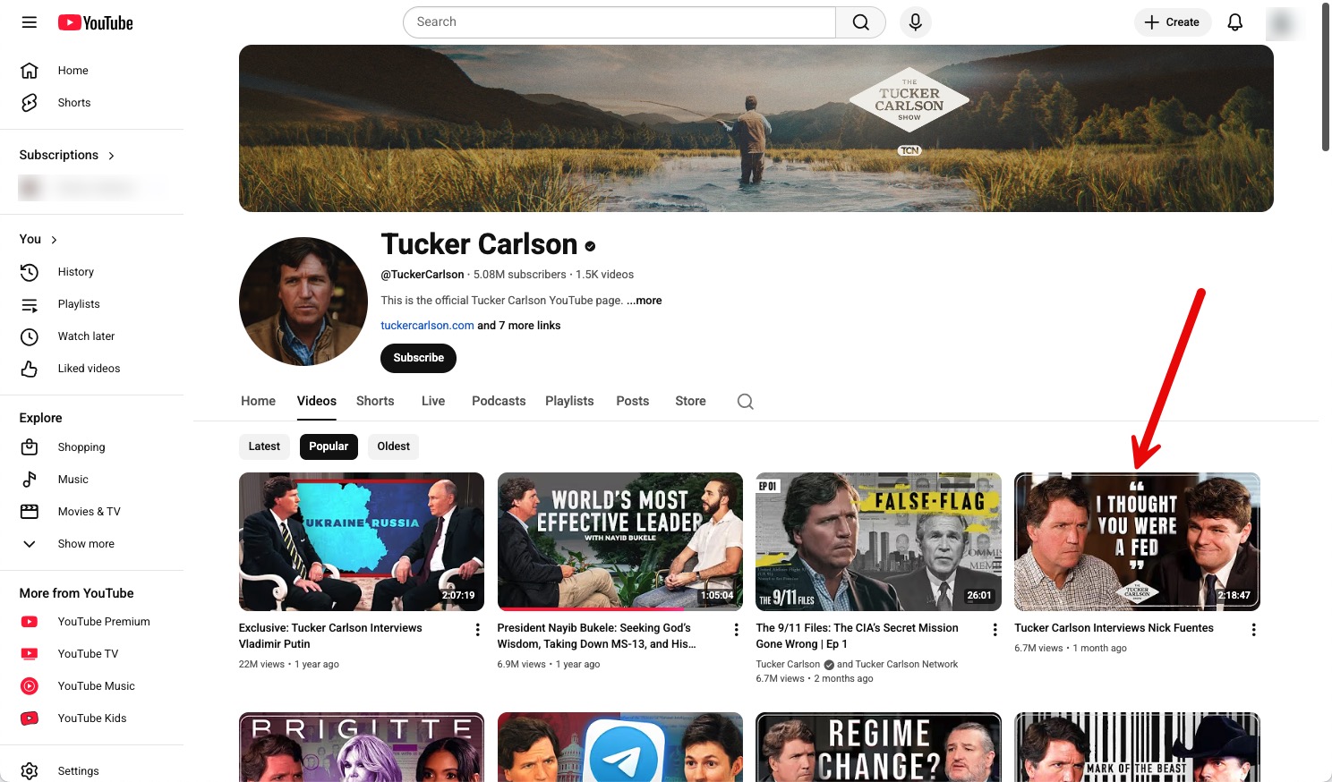 Tucker Carlson most viewed YouTube videos with his Fuentes interview 4th