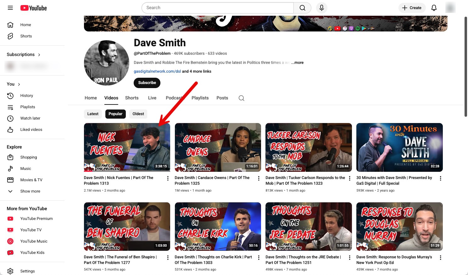 Part of the Problem most viewed YouTube videos showing Fuentes interview as the top one