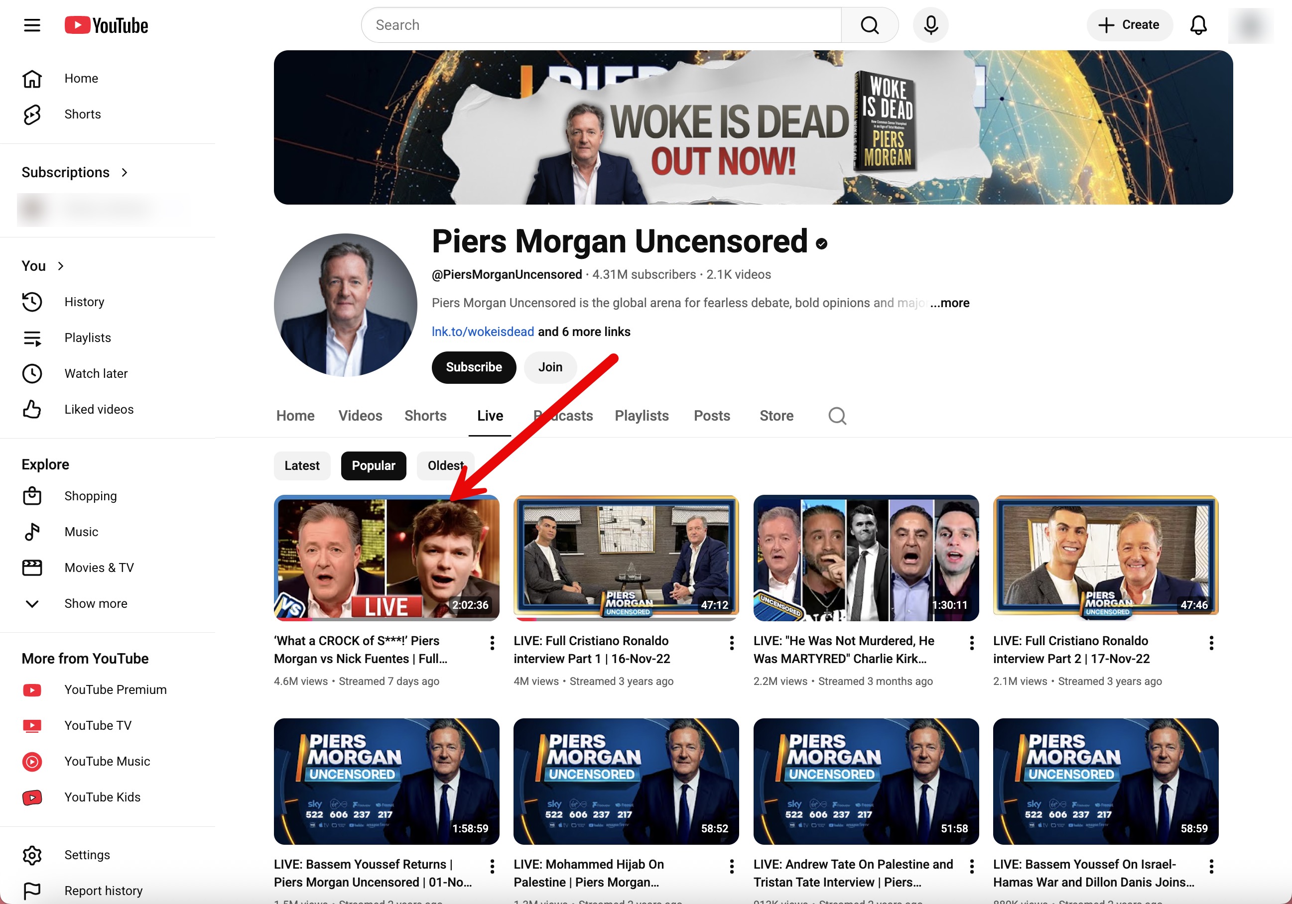 Piers Morgan most viewed live YouTube videos, showing Fuentes as the top