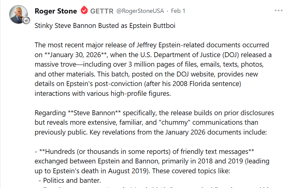 Roger Stone gettr post on Steve Bannon and Epstein