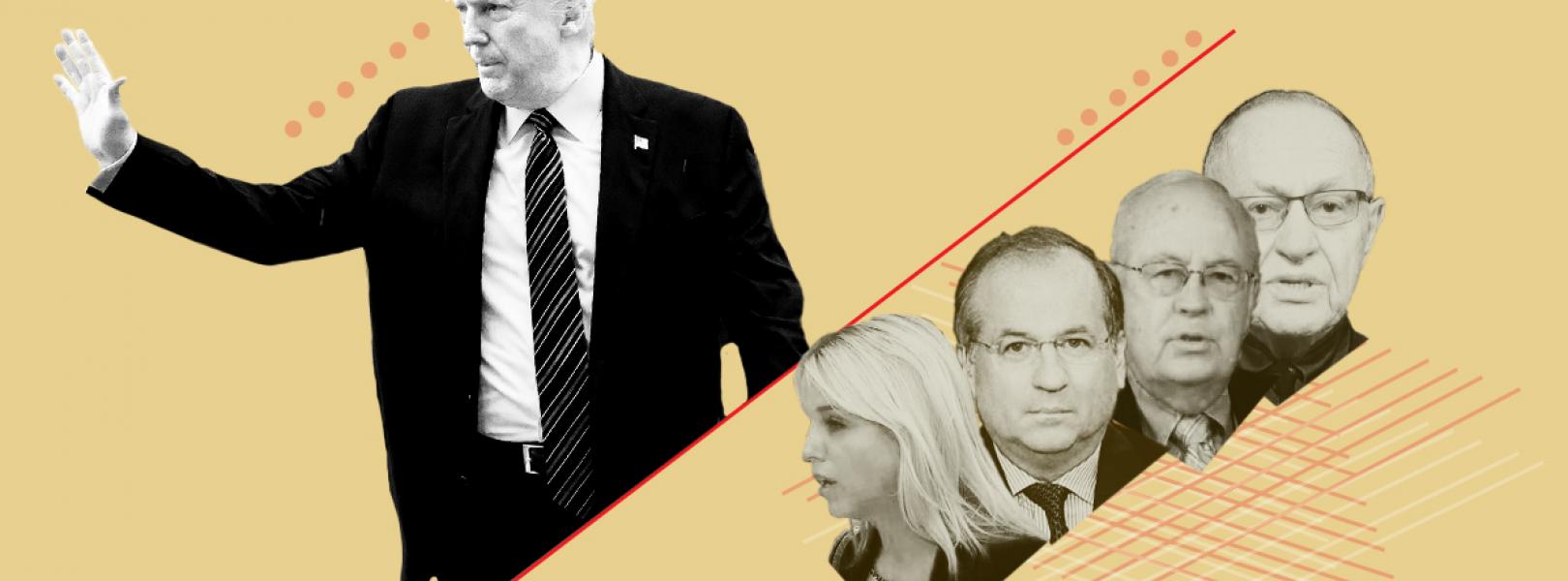 A stylized image of President Donald Trump waving, with headshots of Pam Bondi, Robert Ray, Alan Dershowitz, and Ken Starr