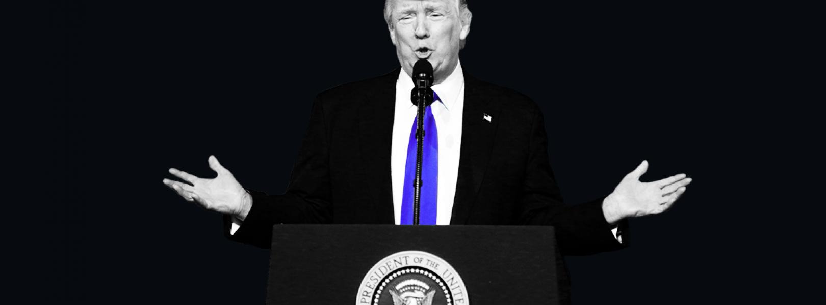 Donald Trump standing behind the presidential seal, with a black background
