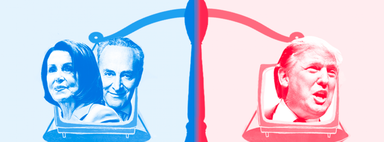 Donald Trump, Nancy Pelosi, and Chuck Schumer on a scale, balancing