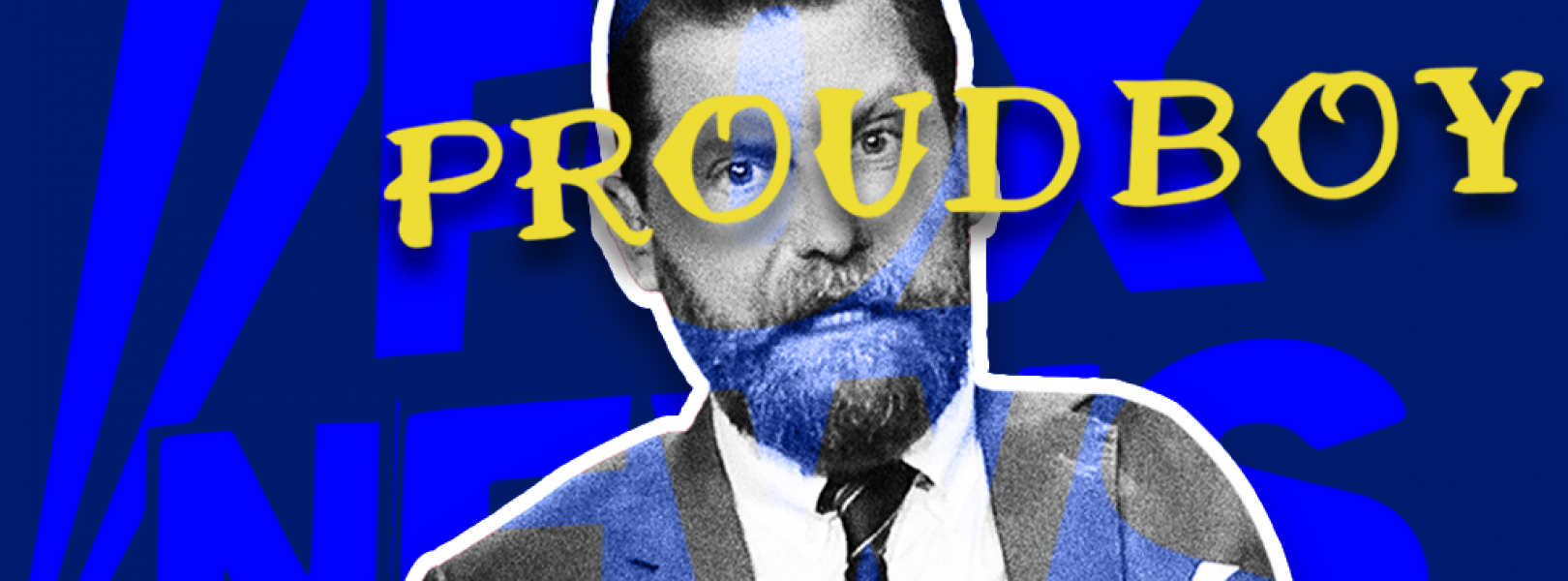 Gavin McInnes with the logos for the Proud Boys and Fox News