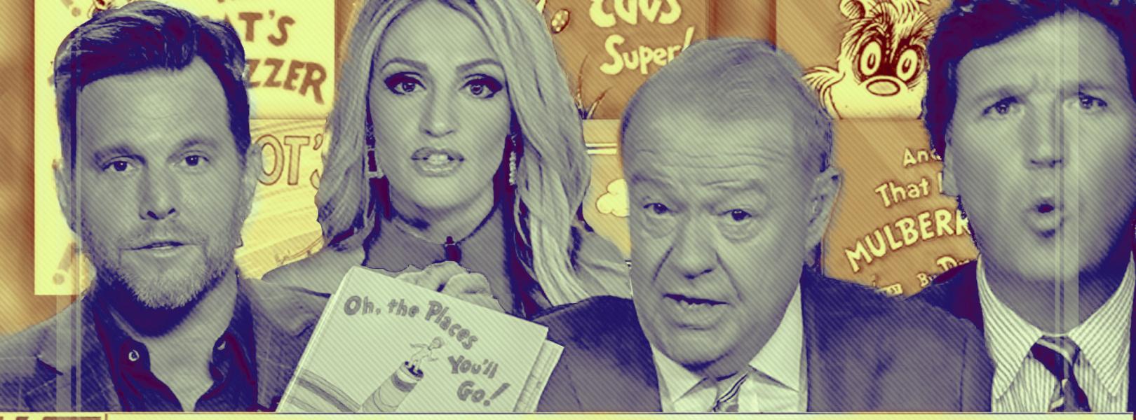 Dave Rubin, Carley Shimkus, Stuart Varney, and Tucker Carlson in front of a collection of Dr. Seuss books