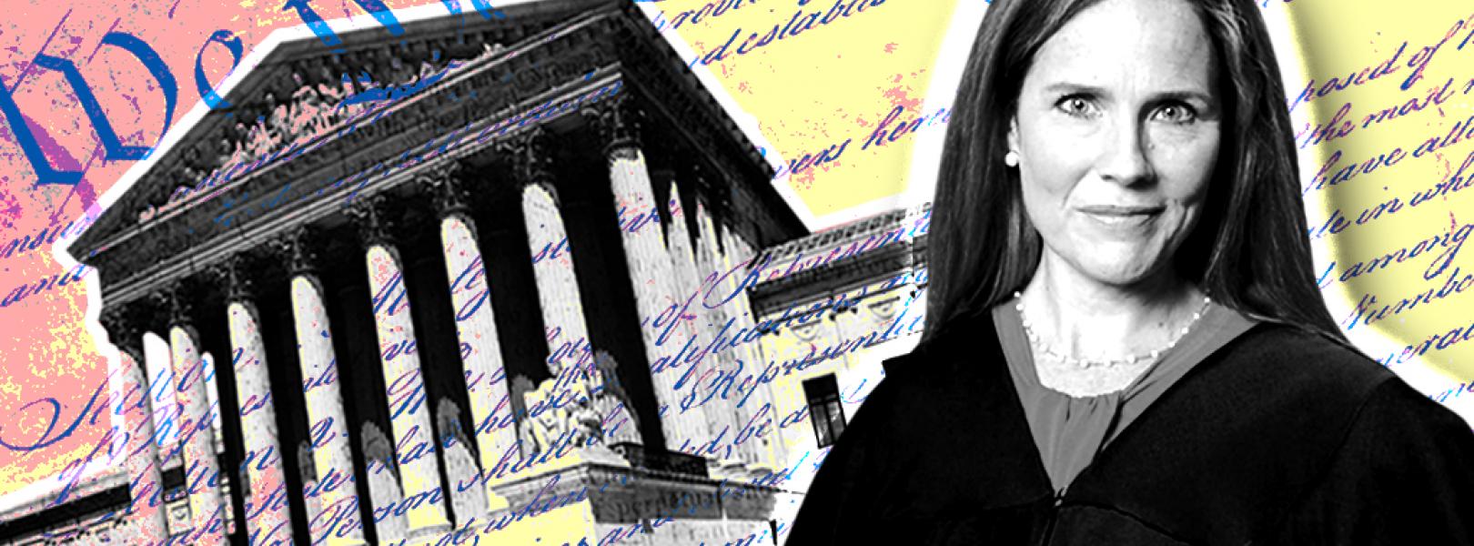 image of Amy Coney Barrett next to the Supreme Court