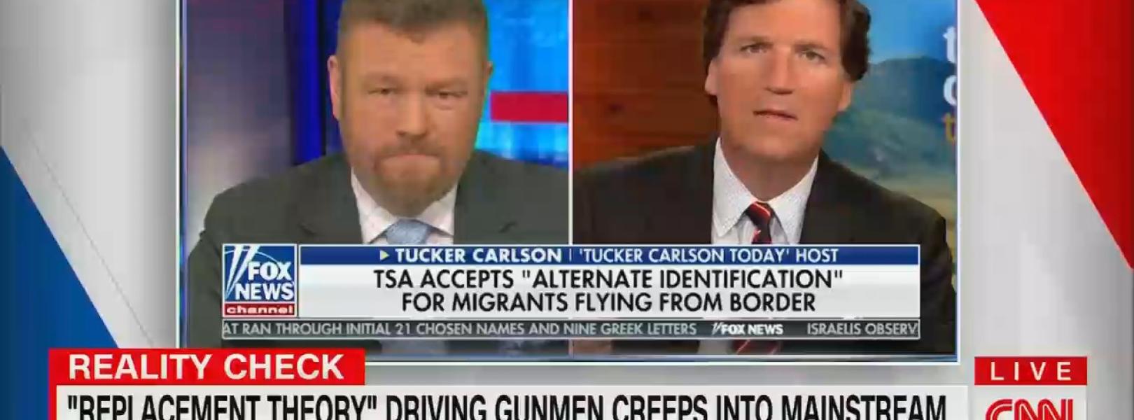 Tucker Carlson’s role in mainstreaming the racist “great replacement” theory went unmentioned by corporate broadcast news