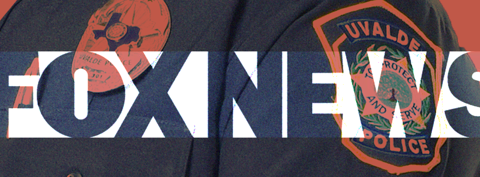 A Fox News logo with a partial Uvalde Police Department uniform in the background