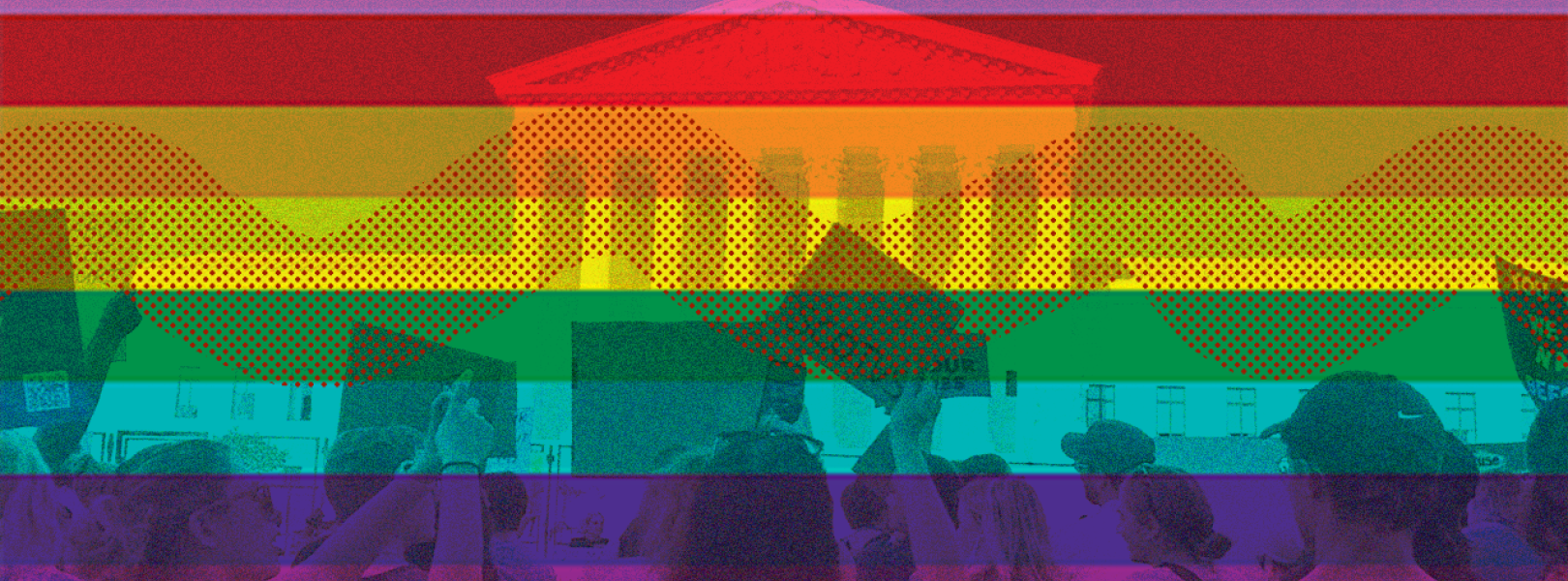 silhouette of protestors outside Supreme Court with Pride flag overlayed