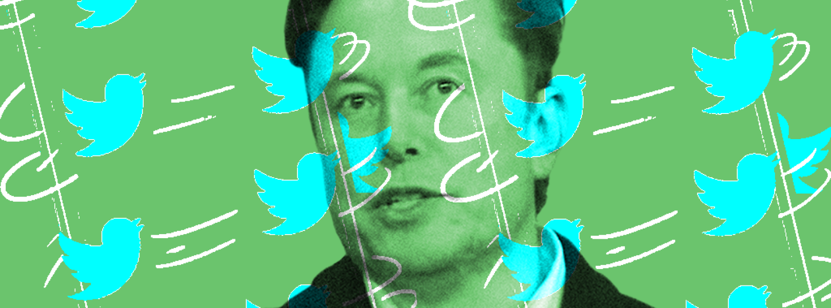 Elon Musk with a tinted green background and in front of blue twitter logos