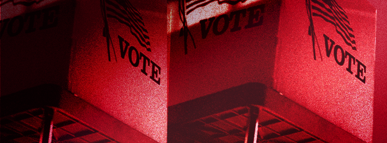 Image of voting booths with an American flag and the word "vote" on the side