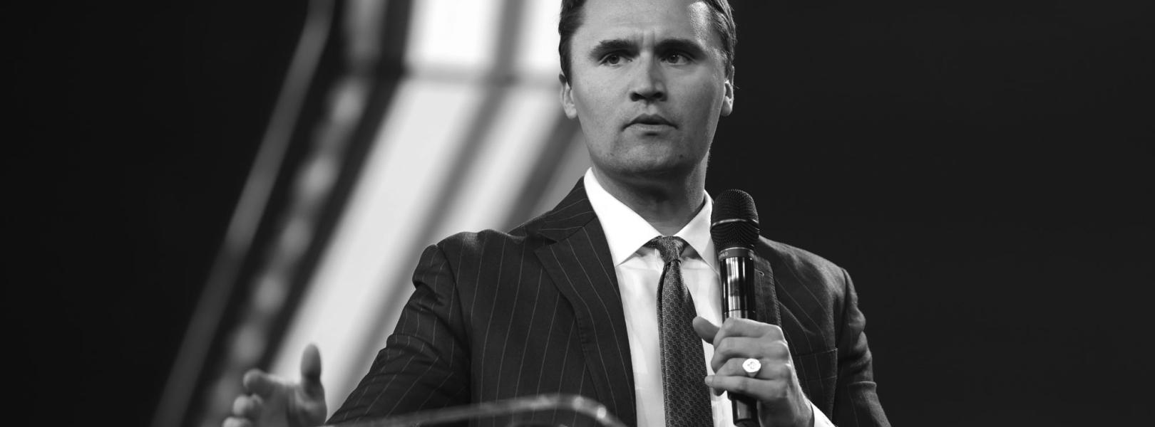 Black and white image of Charlie Kirk