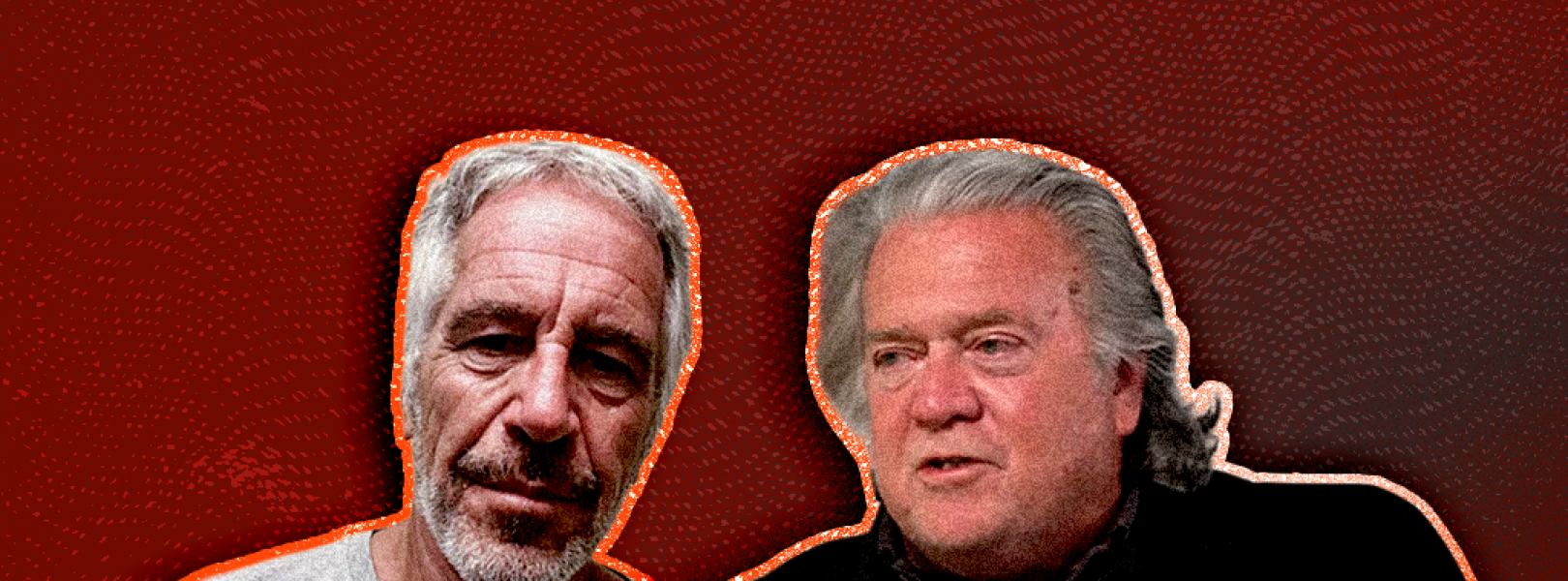 Jeffrey Epstein and Steve Bannon with a dark red background
