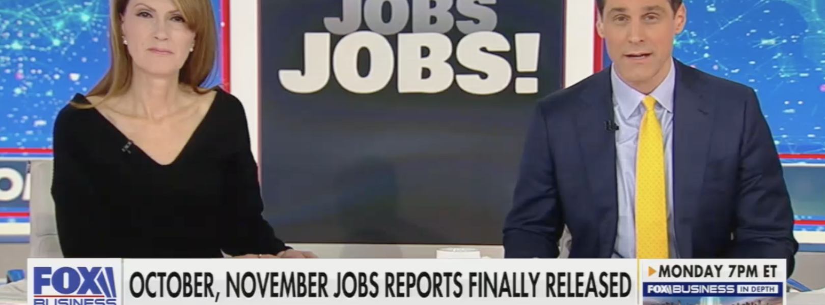 An image proclaiming "Jobs jobs jobs!" on Fox Business' The Bottom Line
