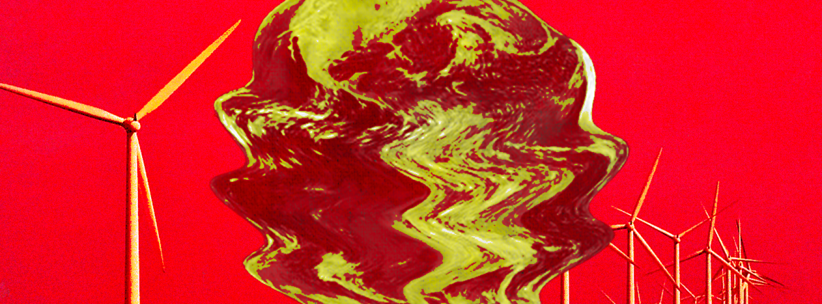 melting earth image on red background with wind turbines 