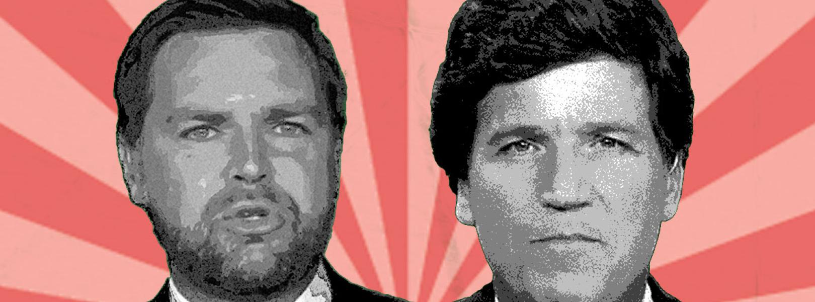 headshots of JD Vance / Tucker Carlson against a radiant background