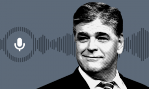 Sean Hannity in black and white with sound waves in the background and a microphone symbol