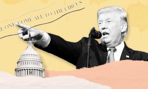 Trump pointing with the words "Come one, come all, to the circus"