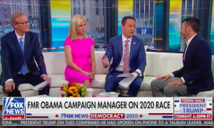 Co-hosts Steve Doocy, Ainsley Earhardt, and Brian Kilmeade seated on a white couch next to David Plouffe, on the right. Chyron reads "Fmr Obama Campaign Manager On 2020 Race"