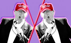 Two photos of Donald Trump on a lavender background