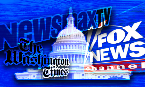 The U.S. Capitol, logos for Newsmax, Fox News, and The Washington Times