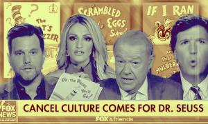 Dave Rubin, Carley Shimkus, Stuart Varney, and Tucker Carlson in front of a collection of Dr. Seuss books