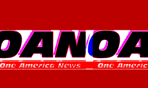 A stylized version of the One America News logo, repeating as if in a digital display glitch, against a red background.