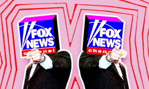 Two Fox News logos pointing