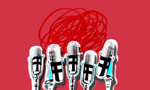 Microphones on a red baackground