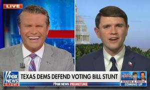 still of Pete Hegseth, James Talarico; chyron: Texas Dems defend voting bill stunt