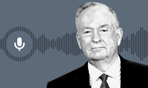 Black and white photo of Bill O'Reilly superimposed over a radio waveform image
