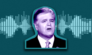 Sean Hannity in front of a radio waveform image