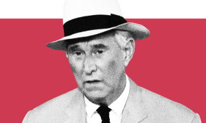 Roger Stone headshot over red background
