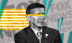 Flynn in front of Fox logos