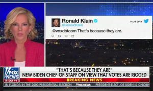 Fox anchor Shannon Bream with a 2014 tweet about gerrymandering from Ron Klain, and the chyron reading "'That's because they are' New Biden chief of staff on view that votes are rigged"