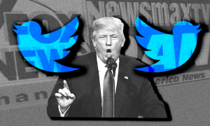 Trump with the logos for Twitter, Fox, OAN, and Newsmax