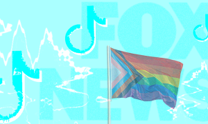 The Pride flag next to the TikTok logo on a blue background 