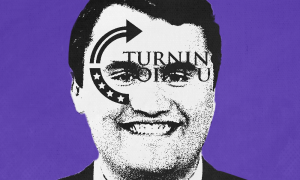 black and white image of Charlie Kirk's face on purple background