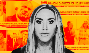 Lara Trump in front of stylized images in orange and red from her Fox News show