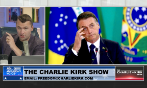 Charlie Kirk on his podcast next to a still image of Jair Bolsonaro, 3/27/25