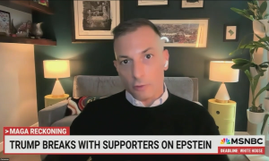Angelo Carusone on MSNBC on 7/16/25, chyron: "Trump breaks with supporters on Epstein"