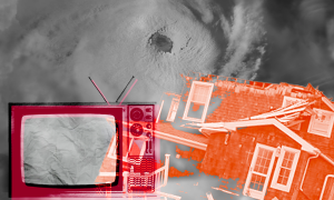 images of tv and house over hurricane background 