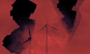 red background with wind turbine over New Jersey