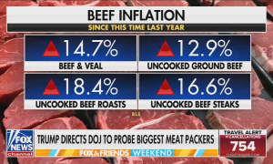 Fox News screenshot from 11/9/25 describing Beef Inflation over a chyron about Trump calling to investigate meatpackers